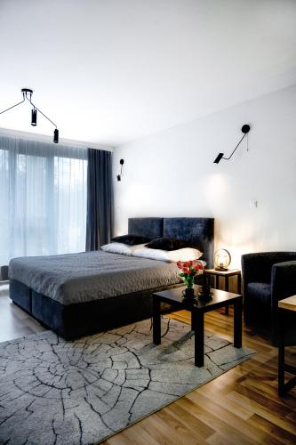a bedroom with a bed and a couch and a table at EASY RENT APARTAMENTS - Silver 9, Basen & SPA, Centrum Free Parking 24h Check-in in Lublin