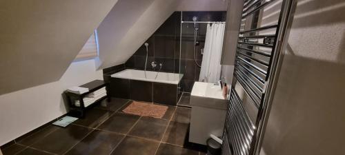 łazienka z umywalką i wanną w obiekcie Apartmány Scharffenberg w Bańskiej Szczawnicy