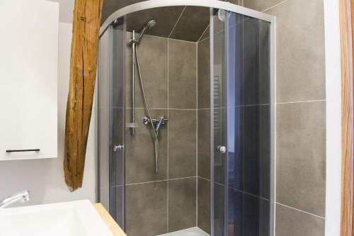 una ducha con puerta de cristal en un baño en GOLD-BOX, en Nowy Targ