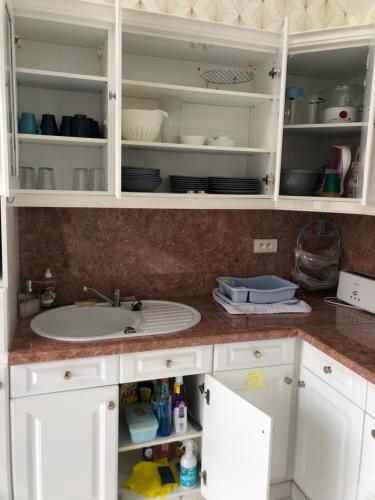 eine Küchentheke mit einer Spüle und weißen Schränken in der Unterkunft Gîte vickie in Livry