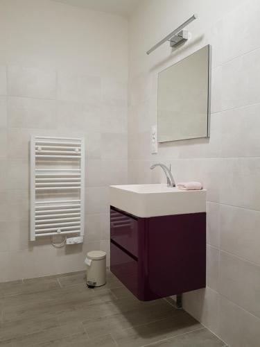 uma casa de banho com um lavatório e um espelho em Gîte Le Carroir em Veuves