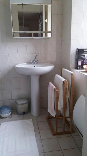 a bathroom with a sink and a mirror and towels at 4 Impasse de la Bataillerie in Oyes