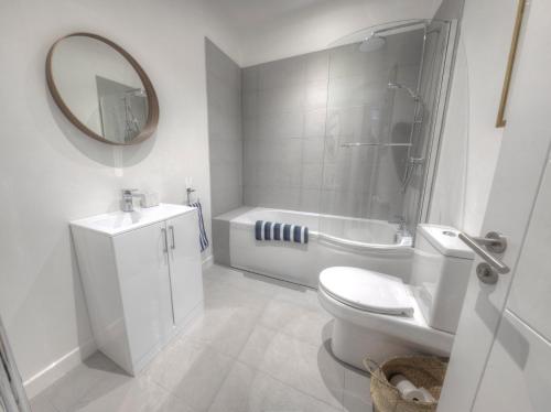 a bathroom with a toilet and a sink and a mirror at The Swell, Rhosneigr - Ground floor 2 bed With Parking in Rhosneigr