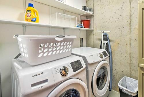 a washing machine with a basket on top of it at Big Canoe Cabin with Mountain View, Hiking and Lake! in Marblehill