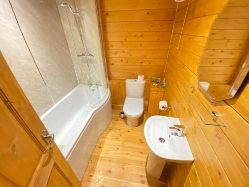 a bathroom with a toilet and a sink and a tub at Kingfisher Lodge, Lake Pochard in South Cerney
