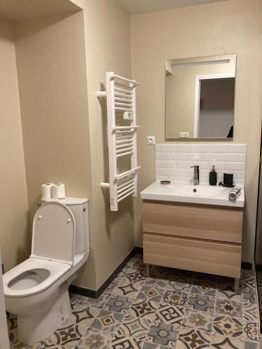une salle de bain avec toilettes, lavabo et miroir dans l'établissement Le filet Cherbourgeois, à Cherbourg en Cotentin