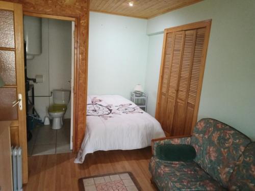 ein Schlafzimmer mit einem Bett und ein Badezimmer mit einem WC in der Unterkunft appartement meublé in Vizille