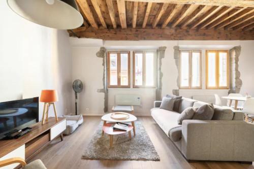 un soggiorno con un divano e una TV di Au coeur de la vieille ville ad Annecy