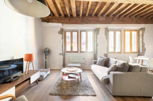 a living room with a couch and a tv at Au coeur de la vieille ville in Annecy
