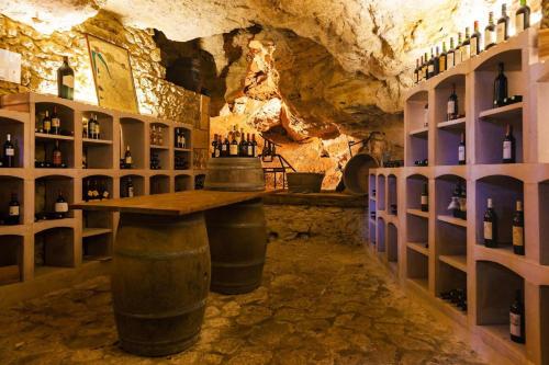 a wine tasting room with a table in a cave at Hôtel Restaurant du Château de la Tour in Béguey