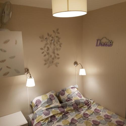 - une chambre avec un lit et deux lumières sur le mur dans l'établissement Studio idéal séjour en amoureux rez de jardin proche plage, à Bormes-les-Mimosas