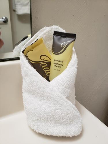 un tubo de pasta de dientes sentado en una toalla blanca en Affordable Suites Burlington, en Burlington