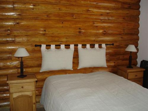 a bedroom with a wooden wall and a bed with pillows at Lomas del Dique Cabañas in Villa del Dique