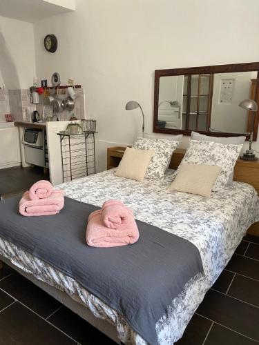 Duas toalhas cor-de-rosa numa cama num quarto em Le petit carnot em Apt