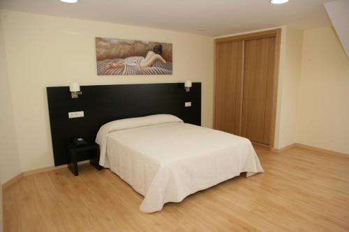 1 dormitorio con 1 cama y una pintura en la pared en HOTEL BRUMA II, en La Gudiña