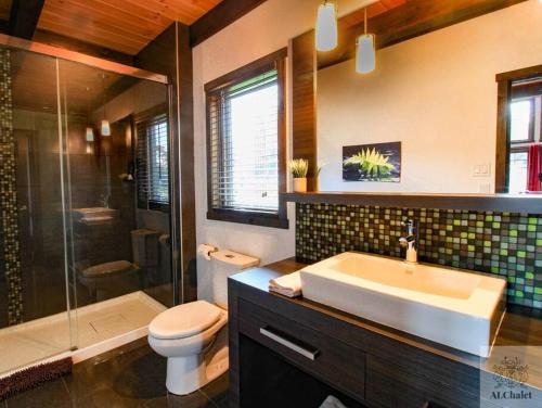 La salle de bains est pourvue d'un lavabo, de toilettes et d'une douche. dans l'établissement Chalet charmant - Détente familiale, à Scott