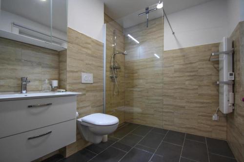 een badkamer met een toilet en een glazen douche bij Semi-detached house Seestern, Lohmen in Garden