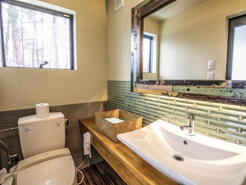 a bathroom with a sink and a toilet and a mirror at Kunugi Relaxation with 4 modern rooms in Hakuba