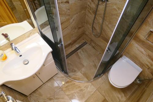 a bathroom with a shower and a sink and a toilet at Apartamenty u Łukasza in Zakopane