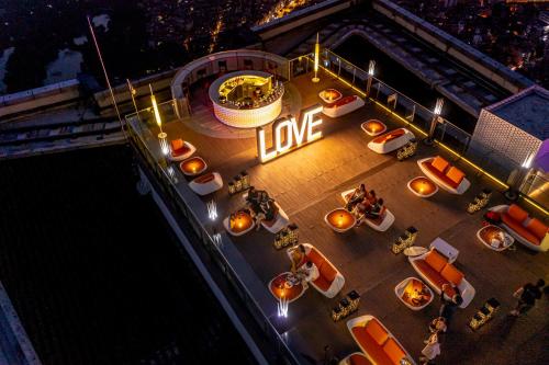 an overhead view of a patio at night at Lotte Hotel Hanoi in Hanoi