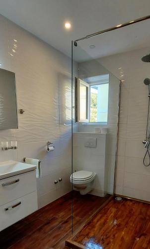 a bathroom with a toilet and a glass shower at Guest House Galeb in Supetarska Draga