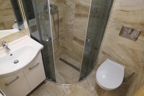 a bathroom with a shower and a toilet and a sink at Apartamenty u Łukasza in Zakopane