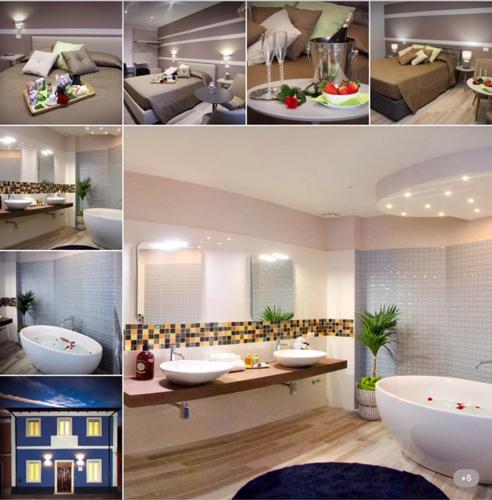 a collage of pictures of a bathroom with sinks and a tub at Relais Marlene in Avezzano