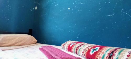 a bed in a room with a blue wall at Morada BemTeVi Guest House in São José dos Campos