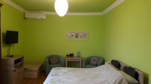 a bedroom with green walls and a bed and chairs at Bed & Breakfast 3 Gs in Goghtʼ