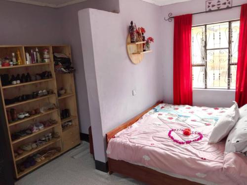 卡拉圖的住宿－Beautiful & Stylish 2-Bedroom Apartment in Karatu，一间卧室配有一张带红色窗帘的床和一扇窗户