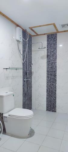 a bathroom with a shower and a toilet in a room at Cowry Inn in Fulidhoo