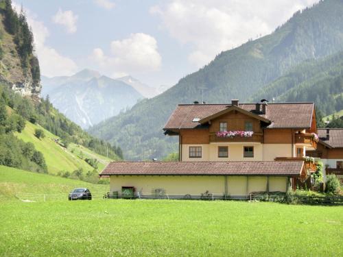 una casa en un campo con montañas en el fondo en Apartment in Huettschlag near the ski slopes, en Karteis