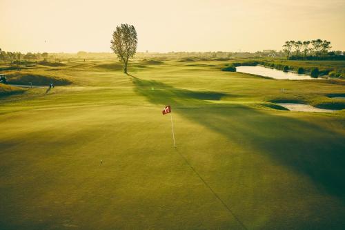 an overhead view of a golf green with a flag at Vakantievilla met luxe en sauna in duinenreservaat in Koksijde