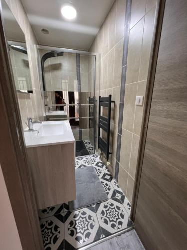 a bathroom with a sink and a mirror at Logement entier : Superbe appartement centre ville in Champagnole