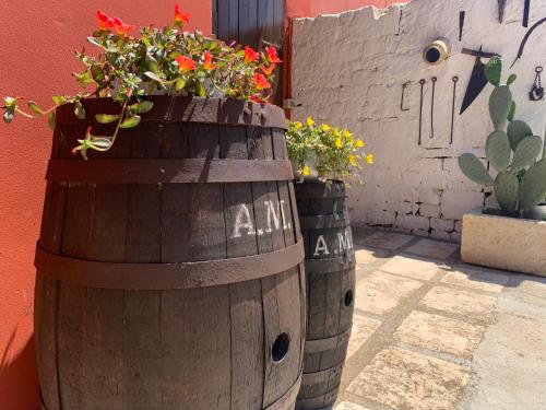 dois barris de madeira cheios de flores ao lado de uma parede em Antica Masseria em Padresergio