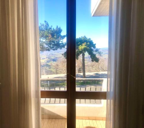 uma janela aberta com vista para uma árvore em B&B Curva della Palma em San Marino