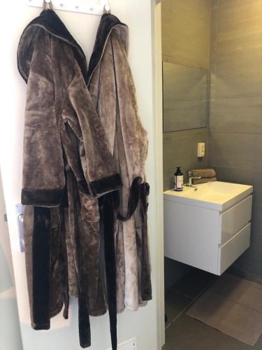 a robe hanging on a wall next to a sink at Logies Dampoort in Ghent
