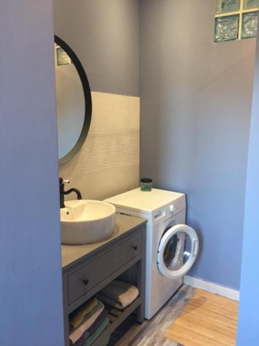 une salle de bain avec une machine à laver et un lavabo dans l'établissement Le Mondrian atypique Intra-Muros, à Avignon