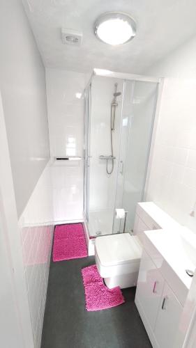 ブラックプールにあるThe Castletonのバスルーム(シャワー、トイレ、ピンクマット付)