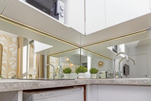 uma cozinha com 2 lavatórios e um espelho grande em Le Lac d'Or - Duke Housing em Créteil