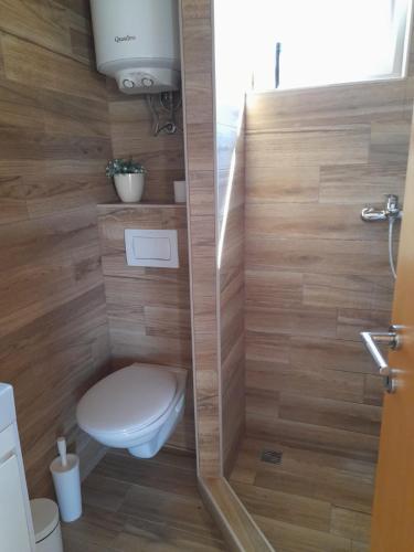 a bathroom with a toilet and a shower at Apartman Jurišić in Vir