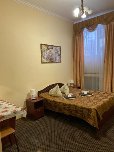 a bedroom with a bed and a desk at Hotel Safyan in Kazan