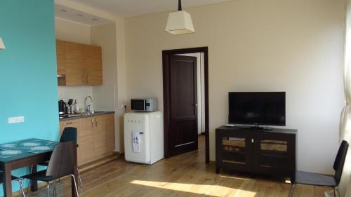 a kitchen with a refrigerator and a television in a room at De Lux Appartement in Druskininkai