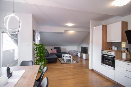 Apartma Tia في زريس: مطبخ وغرفة معيشة مع أريكة وطاولة