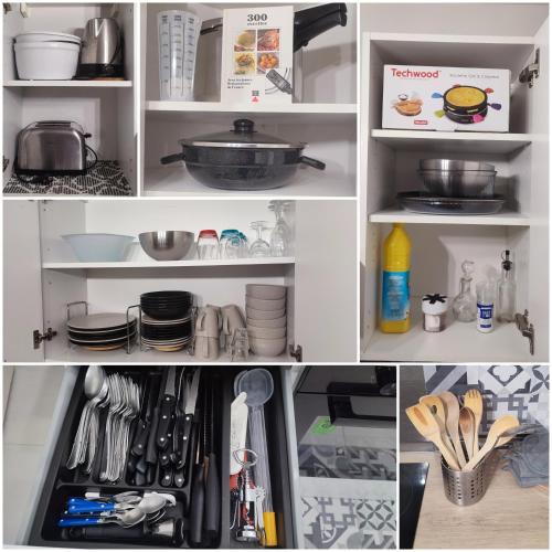 - un réfrigérateur rempli de vaisselle et d'ustensiles dans l'établissement T4 Massy TGV by Beds4Wanderlust - 80m2 avec Terrasse et bureau - proche coulée verte - idéal Pro ou Famille, à Massy