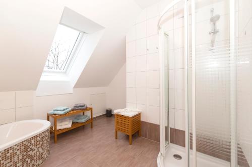 uma casa de banho com um chuveiro e uma banheira em Ferienapartments Meixner em Eisenberg an der Pinka