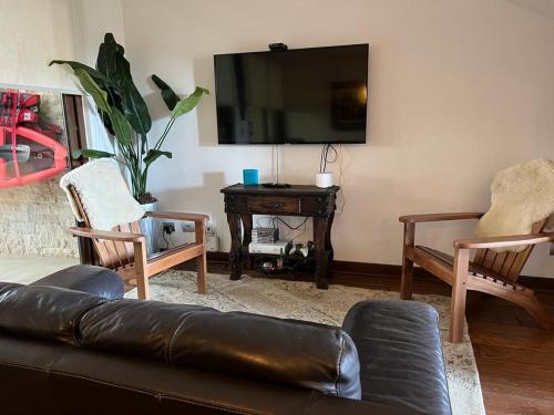a living room with a couch and a flat screen tv at PUCON HOUSE - Lake Access & Near Ski Center in Pucón
