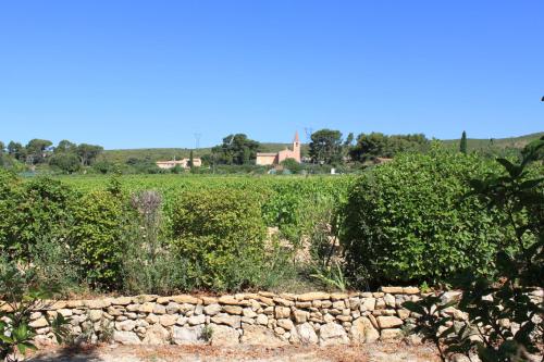 a stone wall in front of a field with bushes at Hôtel Castel Saint Anne in Le Castellet