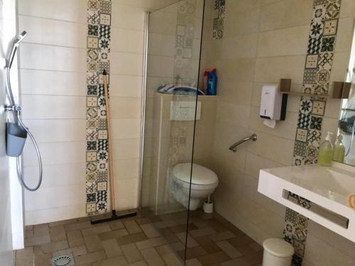 La salle de bains est pourvue d'une douche, de toilettes et d'un lavabo. dans l'établissement Ferme Auberge Linossier, à Burdignes