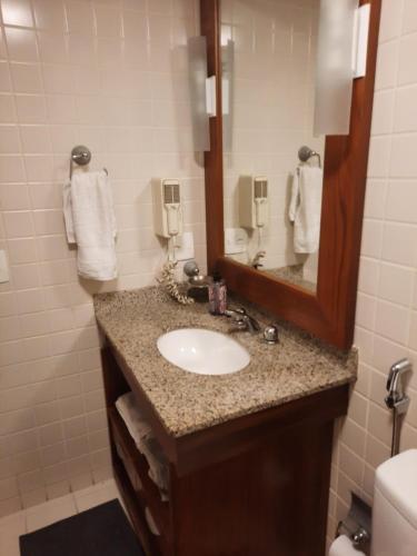 a bathroom with a sink and a mirror at Studio Mercure Hotel Moema - Av. Jamaris 100 in Sao Paulo